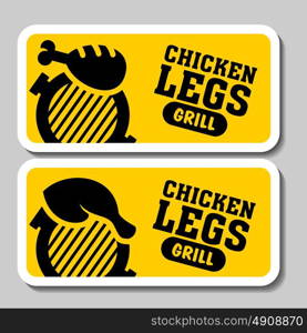 Barbecue and grill stickers, badges, logos and emblems, vector. Restaurant steak house design elements. Grilled chicken, grilled chicken legs.