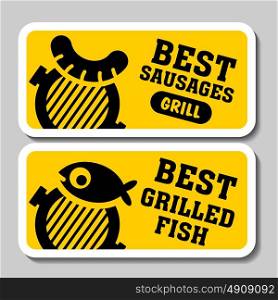 Barbecue and grill stickers, badges, logos and emblems, vector. Restaurant steak house design elements. Fish on the grill, sausage grill.