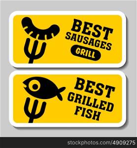 Barbecue and grill stickers, badges, logos and emblems, vector. Restaurant steak house design elements. Fish grill, sausage grill.