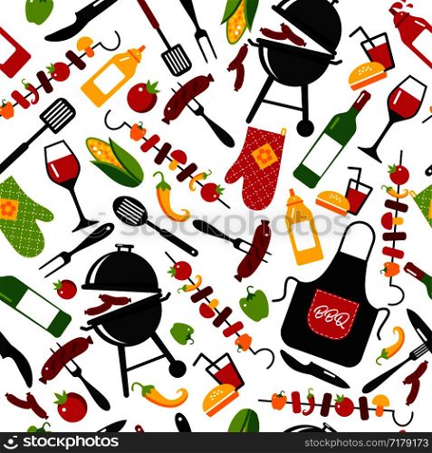Barbecue background invitation on black background with symbols of bbq.. BBQ party background on white background with symbols of bbq. Seamless pattern.
