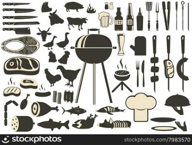 Barbecue BBQ Silhouette Set. grilled meat and fish, beer and kebabs. Kitchen tools silhouettes chicken, cows, pigs. Grill icons. Vector illustration