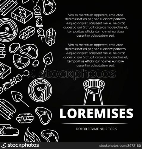 Barbecue, burgers and equipment chalkboard poster design. Vector flat illustration. Barbecue, burgers chalkboard poster design
