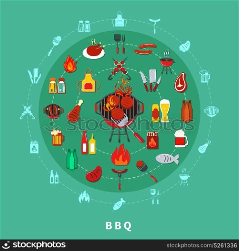 Barbecue Circle Composition. Barbecue circle composition poster with grill on the centre and many food elements vector illustration
