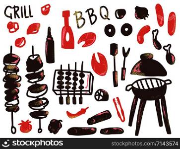Barbecue collection in flat style with text. BBQ set with handdrawn lettering. Cookout symbols. Summer outdoor cooking elements. Vector color illustration.