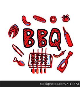 Barbecue composition with text. BBQ set with handdrawn lettering. Cookout symbols. Summer outdoor cooking elements. Vector color illustration.