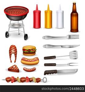 Barbecue decorative icons set with grilled meat kitchen utensil ketchup collection and beer bottle isolated vector illustration. Barbecue Decorative Icons Set