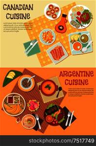 Barbecue dishes of canadian and argentine cuisine symbol with grilled beef steaks, asado sausages and liver, french fries with bacon and empanadas, creamy and thick soups, butter tarts with maple syrup and mate with pancakes and ice cream . Canadian and argentine dishes for picnic icon