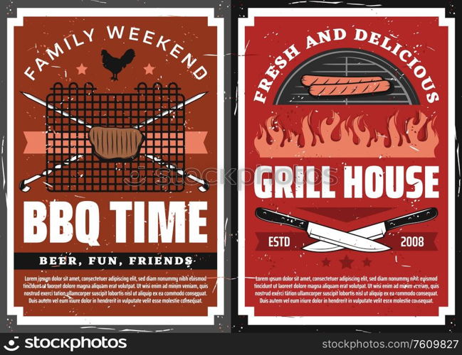 Barbecue grill and family grill picnic party, vector vintage posters. BBQ time charcoal meat steaks, sausages and burgers, premium quality chicken and beef, skewers and knives on fire flame. Family weekend barbecue grill picnic, retro poster