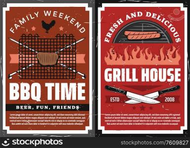 Barbecue grill and family grill picnic party, vector vintage posters. BBQ time charcoal meat steaks, sausages and burgers, premium quality chicken and beef, skewers and knives on fire flame. Family weekend barbecue grill picnic, retro poster