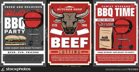 Barbecue grill and meat food retro posters of bbq party. Vector beef steak hamburgers, vintage charcoal grill and skewers, fire flames, cow head and chef knives, steak house, grill bar or butcher shop. Barbecue grill and meat food, posters of bbq party