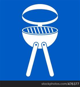 Barbecue grill icon white isolated on blue background vector illustration. Barbecue grill icon white