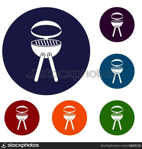 Barbecue grill icons set in flat circle red, blue and green color for web. Barbecue grill icons set