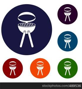 Barbecue grill icons set in flat circle red, blue and green color for web. Barbecue grill icons set