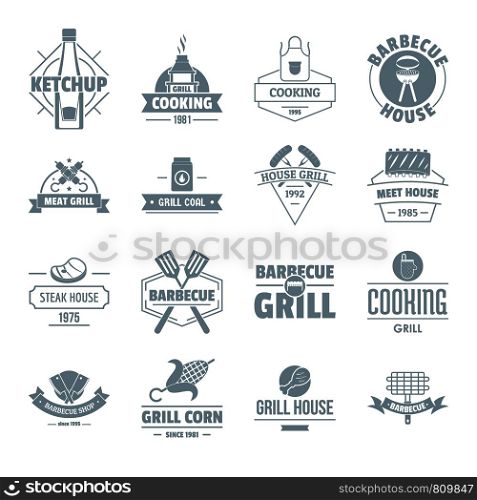 Barbecue grill logo icons set. Simple illustration of 16 barbecue grill logo vector icons for web. Barbecue grill logo icons set, simple style