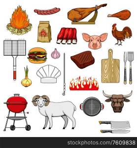 Barbecue grill meat food and grill picnic equipment items, vector icons. BBQ charcoal and fire, beef steak, sausage and burger, lamb ribs and cooking spices, barbeque hatchet, fork and cutting board. Barbecue grill picnic burger, sausage, meat icons
