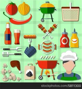 Barbecue Icons Set. Barbecue and picnic icons set with sausages vegetables and beer on green background flat isolated vector illustration