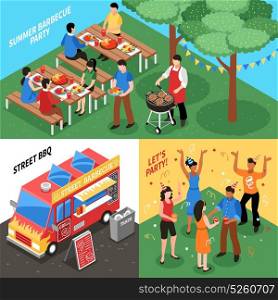 Barbecue Isometric Design Concept. Isometric design concept with summer barbecue street food on grill and festive party isolated vector illustration
