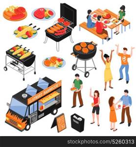 Barbecue Isometric Set. Isometric set with meat and vegetables on grill people near car with street barbecue isolated vector illustration