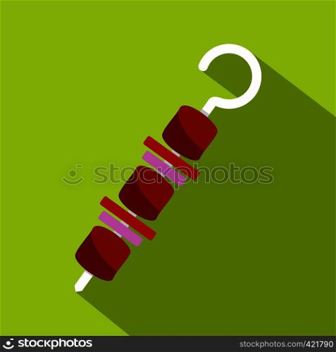Barbecue kebab on skewer icon. Flat illustration of barbecue kebab on skewer vector icon for web isolated on lime background. Barbecue kebab on skewer icon, flat style