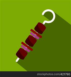Barbecue kebab on skewer icon. Flat illustration of barbecue kebab on skewer vector icon for web isolated on lime background. Barbecue kebab on skewer icon, flat style