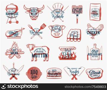 Barbecue meat food on grill sketches with letterings, bbq party and restaurant vector design. Sausage, beef steak and fire flame, picnic or cookout chef hat, spatula, fork, knives and cutting board. Barbecue food, charcoal grill and bbq tool icons