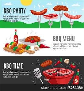 Barbecue Menu Banners Set. Bbq banners set with summer outdoor background meat skewers carving board and brazier with editable text vector illustration