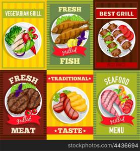 Barbecue Mini Posters Set. Barbecue mini posters set vegetarian grill fish meat seafood dishes vector illustration