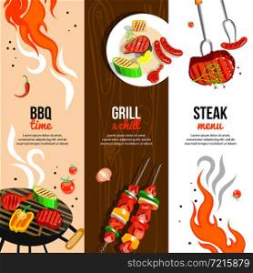 Barbecue party 3 flat vertical banners set with grilled steak sausages and vegetables abstract isolated vector illustration . Barbecue Party 3 Vertical Banners Set