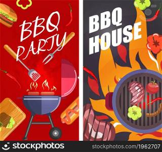 Barbecue party and fun at house, banners with grilling meat steaks and vegetables. Outdoors activities and weekends rest, preparing veggies on fire. European tasty cuisine. Vector in flat style. BBQ party house, grilling meat and steaks banner