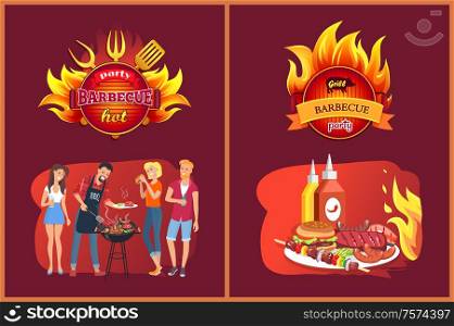 Barbecue party emblems, flame and people near grill. Burger, meat on skewer or steaks, sausages in plate, ketchup with mustard vector illustration.. Barbecue Party Emblems with Flame and Grill Set