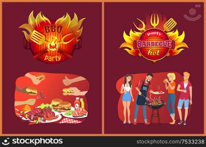 Barbecue party emblems, friends and grill. Hands with roasted food from picnic. Burgers or hot dogs, fried salmon near meat vector illustrations.. Barbecue Party Emblems and Friends near Grill