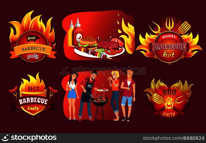 Barbecue party emblems, people near grill. Meat on skewer or steak, sausages and ketchup with mustard, hot bbq logos in fire vector illustrations set.. Barbecue Party Emblems and People around Grill