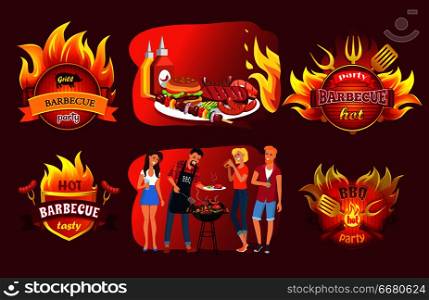 Barbecue party emblems, people near grill. Meat on skewer or steak, sausages and ketchup with mustard, hot bbq logos in fire vector illustrations set.. Barbecue Party Emblems and People around Grill