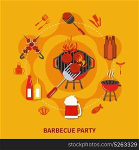 Barbecue Party Flat. Barbecue party flat with cooking on open fire with necessary objects and foods vector illustration