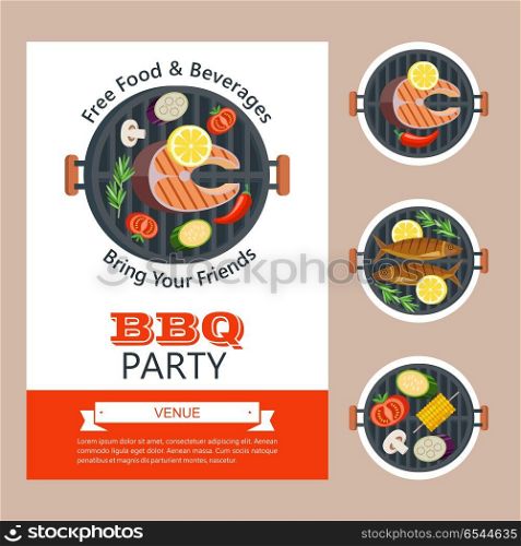 Barbecue party. Grilled fish and vegetables. Vector illustration. An invitation to a barbecue party with a place for text. Vector illustration. Appetizing grilled fish surrounded by vegetables. Set of vector BBQ emblems.