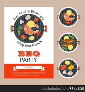 Barbecue party. Grilled fish and vegetables. Vector illustration. An invitation to a barbecue party with a place for text. Vector illustration. Appetizing grilled fish surrounded by vegetables. Set of vector BBQ emblems.