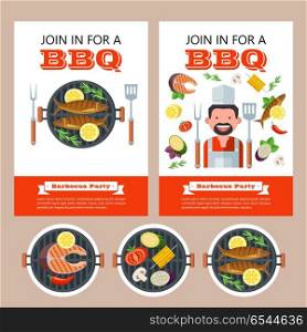 Barbecue party. Grilled fish and vegetables. Vector illustration. An invitation to a barbecue party with a place for text. Vector illustration. Cheerful chef. Appetizing grilled fish surrounded by vegetables. Set of vector BBQ emblems.