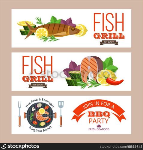 Barbecue party. Grilled fish and vegetables. Vector illustration. Barbecue party. Colorful invitation. Fish on the grill. Appetizing salmon with lemon on the grill surrounded by vegetables and corn. Trout with lemon on the grill. Vector illustration, emblem. Isolated on white background.