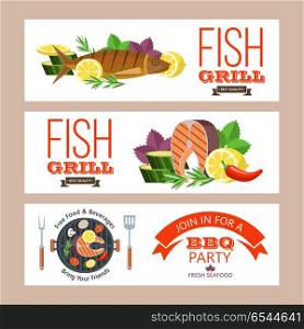 Barbecue party. Grilled fish and vegetables. Vector illustration. Barbecue party. Colorful invitation. Fish on the grill. Appetizing salmon with lemon on the grill surrounded by vegetables and corn. Trout with lemon on the grill. Vector illustration, emblem. Isolated on white background.