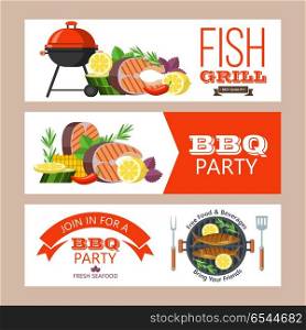 Barbecue party. Grilled fish and vegetables. Vector illustration. Barbecue party. Colorful invitation. Fish on the grill. Appetizing salmon with lemon on the grill surrounded by vegetables and corn. Two trout with lemon on the grill. Vector illustration, emblem. Isolated on white background.
