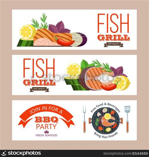 Barbecue party. Grilled fish and vegetables. Vector illustration. Barbecue party. Colorful invitation. Fish on the grill. Appetizing salmon with lemon on the grill surrounded by vegetables and corn. Vector illustration, emblem. Isolated on white background.