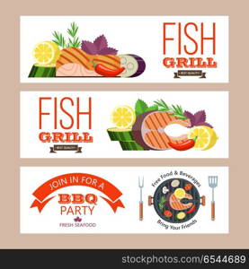 Barbecue party. Grilled fish and vegetables. Vector illustration. Barbecue party. Colorful invitation. Fish on the grill. Appetizing salmon with lemon on the grill surrounded by vegetables and corn. Vector illustration, emblem. Isolated on white background.