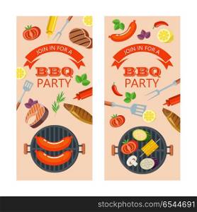 Barbecue party. Grilled fish and vegetables. Vector illustration. Barbecue party. Colorful invitation. Sausages and grilled vegetables. Vegetables, mushrooms, fish, grilled sausages. Sauces and lemon. Cooking shovel and fork. Rosemary and Basil. Vector illustration, emblem. Isolated on white background.