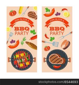Barbecue party. Grilled fish and vegetables. Vector illustration. Barbecue party. Colorful invitation. Steak and grilled vegetable kebabs. Vegetables, mushrooms, fish, grilled sausages. Sauces and lemon. Cooking shovel and fork. Rosemary and Basil. Vector illustration, emblem. Isolated on white background.