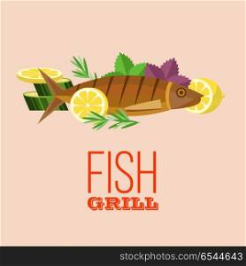 Barbecue party. Grilled fish and vegetables. Vector illustration. Fish on the grill. Appetizing trout with lemon on the grill. Vector illustration, emblem. Isolated on white background.