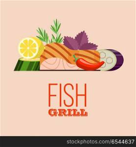 Barbecue party. Grilled fish and vegetables. Vector illustration. Grilled fish. Delicious grilled salmon surrounded by vegetables. Still life of fish, zucchini, lemon, rosemary, Basil, eggplant. Isolated on white background. Vector illustration in flat style.