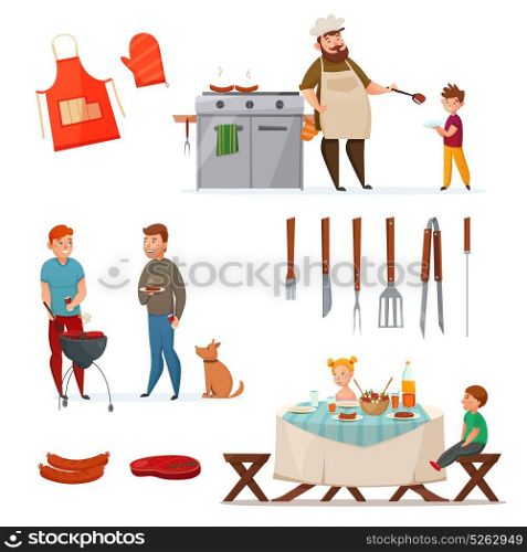 Barbecue Party Icon Set. Colored and isolated barbecue party icon set with grilled meals and The chief is cooking vector illustration