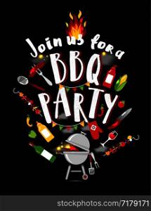Barbecue party invitation on black background with symbols of bbq.. BBQ party invitation on black background with symbols of bbq.