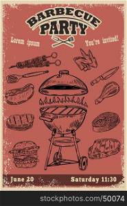 Barbecue party invitation template. Hand drawn BBQ and Grill design elements.Vector illustration