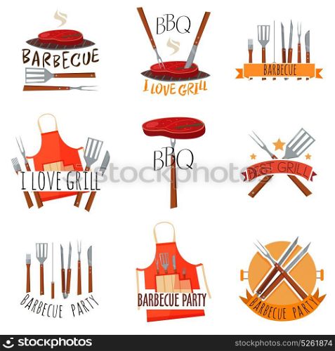 Barbecue Party Label Set. Colored isolated barbecue party label set with barbecue I love grill barbeque party and other descriptions vector illustration